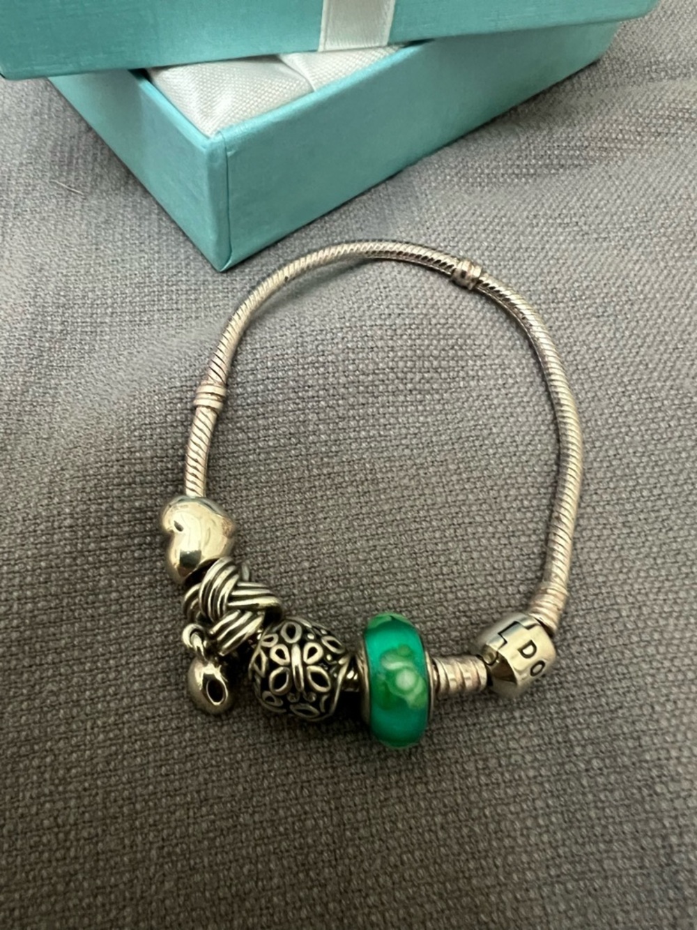 Authentic Pandora Silver Snake Bracelet with 4 Charms EUC